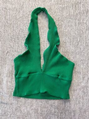 Zara Kelly Green Ribbed Plunge Halter Crop Top Size Medium